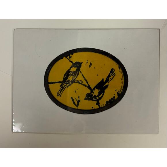 Vintage mid century linoleum block print art birds - Picture 1 of 1